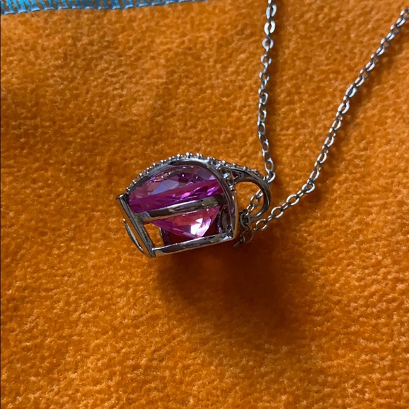Lab created Pink and White Sapphire Heart necklace - Picture 12 of 13